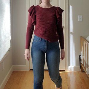 Burgundy Knit Top with Ruffle Sleeves